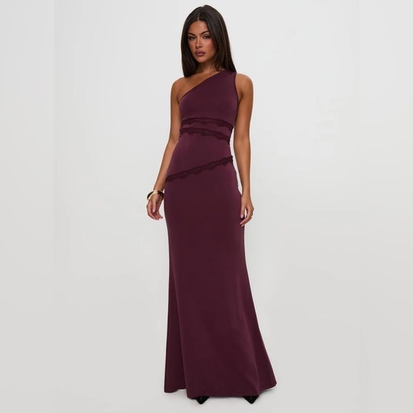 Princess Polly Dresses & Skirts - NWT Princess Polly Ultraviolet One Shoulder Lace Maxi Dress Wine US 6